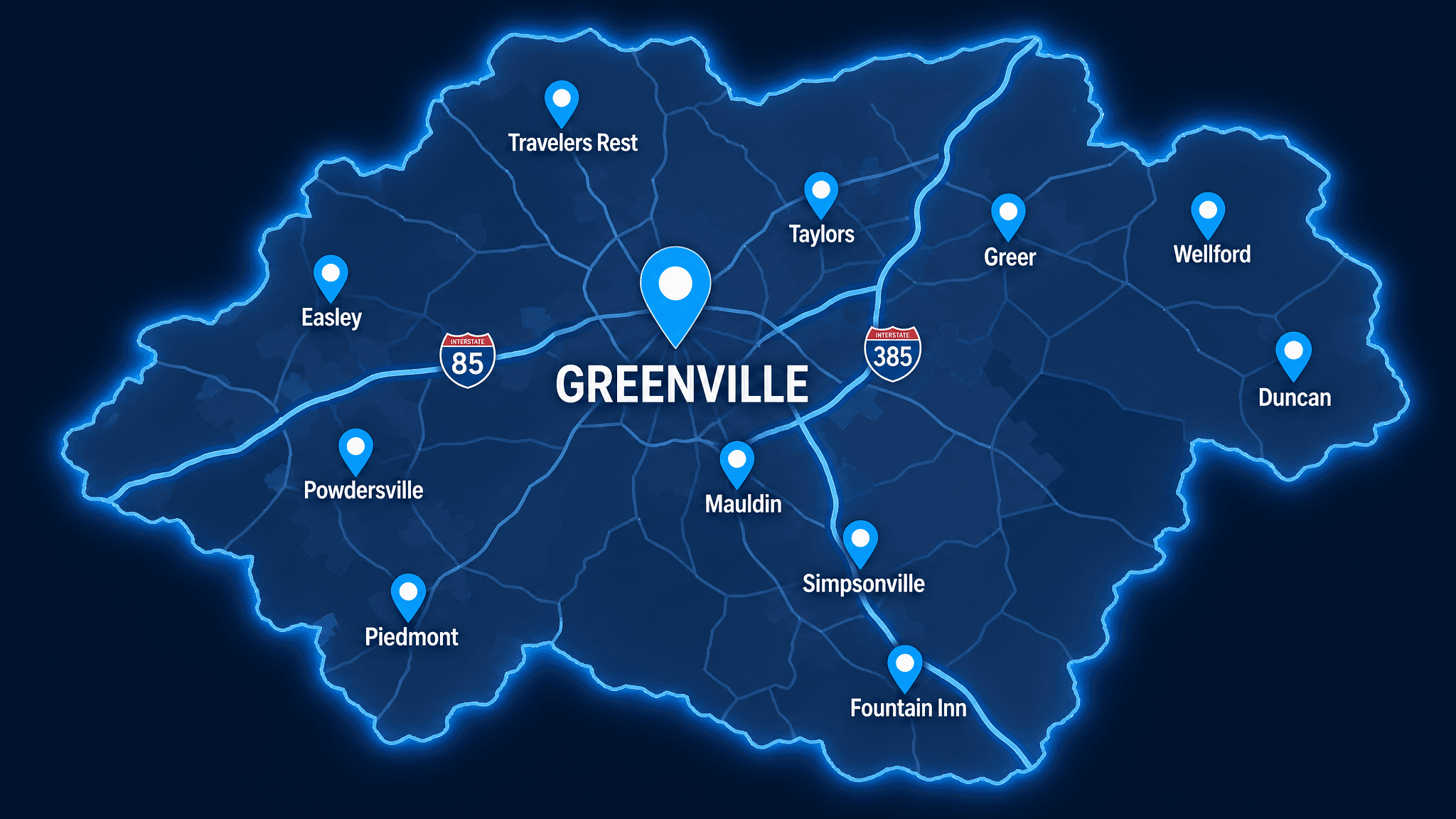 Illustrated map of the Greenville, SC service area showing Greenville and surrounding towns including Travelers Rest, Taylors, Greer, Mauldin, Simpsonville, Easley and more